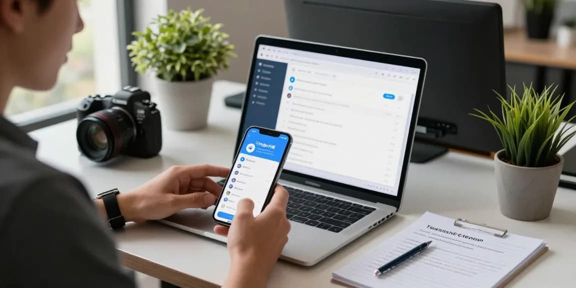 Young professional configuring Telegram Chinese Version settings on multiple devices in a modern workspace.