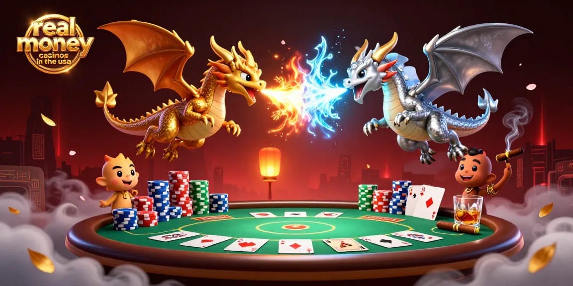 Play at real money casinos in the USA with dragons and poker elements in a dynamic scene.