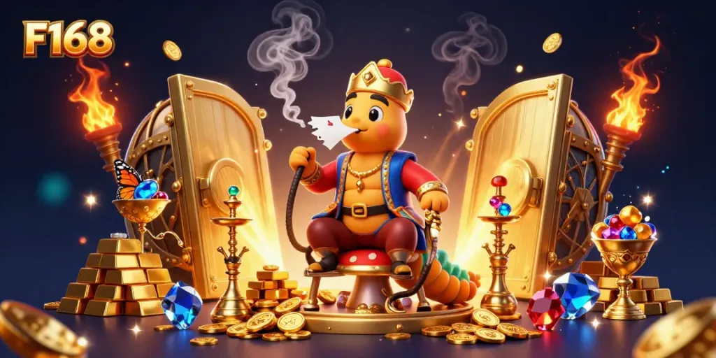 Experience thrilling gaming at F168 with a whimsical caterpillar master surrounded by sparkling treasures.