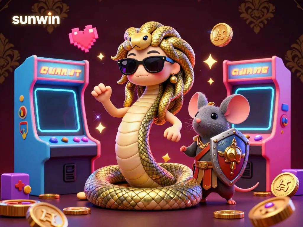 Experience thrilling action at sunwin with cute Medusa and a warrior mouse in a vibrant casino setting.