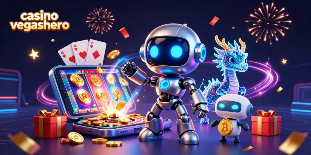 Engage at casino vegashero with a colorful display of games, coins, and vibrant characters.