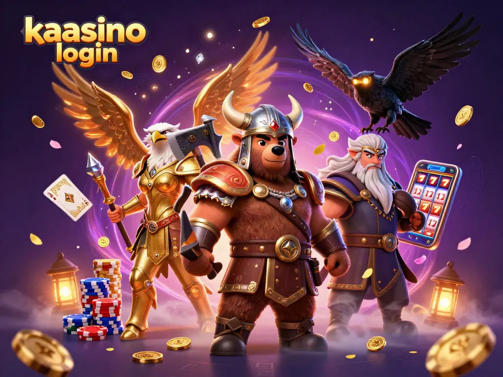 Engage with the kaasino login scene showcasing a Viking bear and Valkyrie eagle in an energetic casino environment.