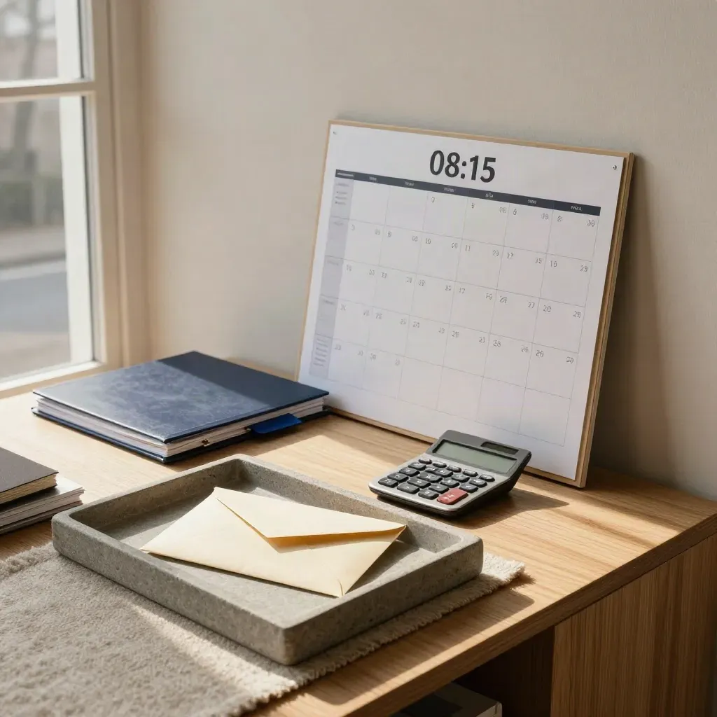 Schuldenhulp in een rijtjeshuis met calculator, enveloppen en planningbord in winterlicht.