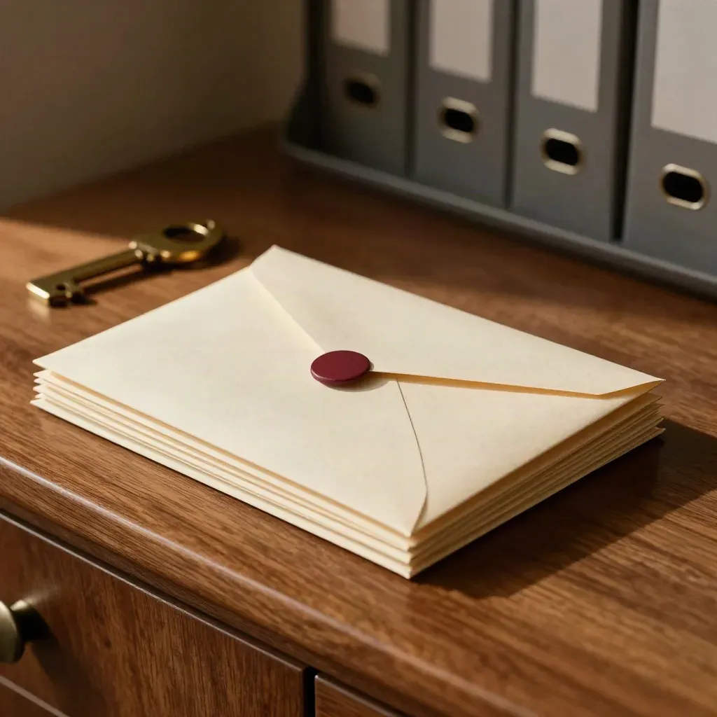 Sealed enveloppen, een brievenopener en rode clip op een walnootkleurig bureau.