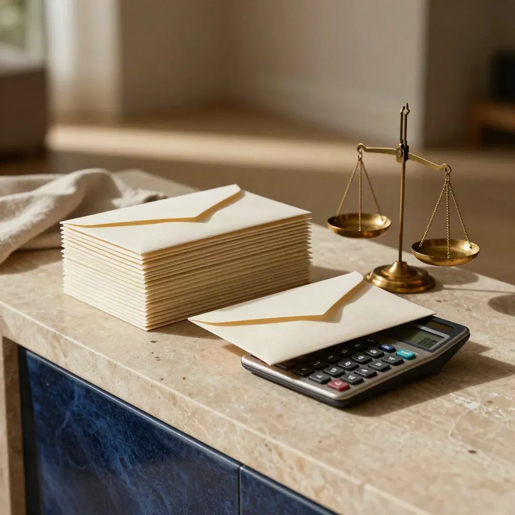 Twee stapels enveloppen met rekenmachine en balansweegschaal op een lichte stenen sidetable.