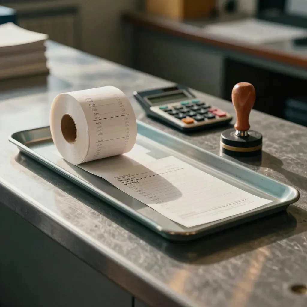 Calculator, kassabonrol, factuurbak en stempel op een stalen toonbank in warm licht.