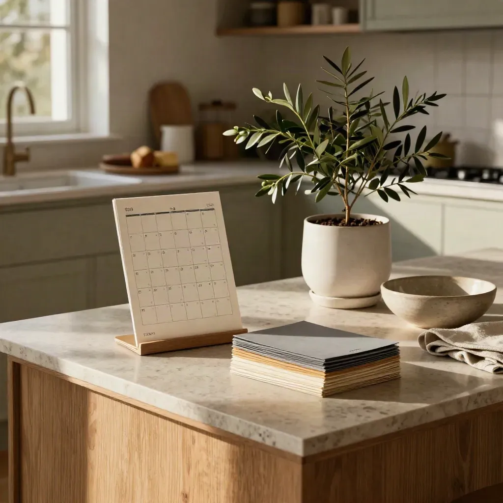 Rustige keukenconsole met plannerkaart, plant en gesorteerde brieven in warm avondlicht.