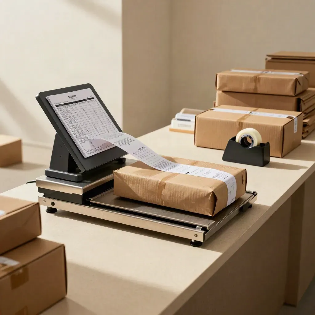 Webshop-pakketstation met cashflowmap, labelvellen en weegschaal in strakke workflow.