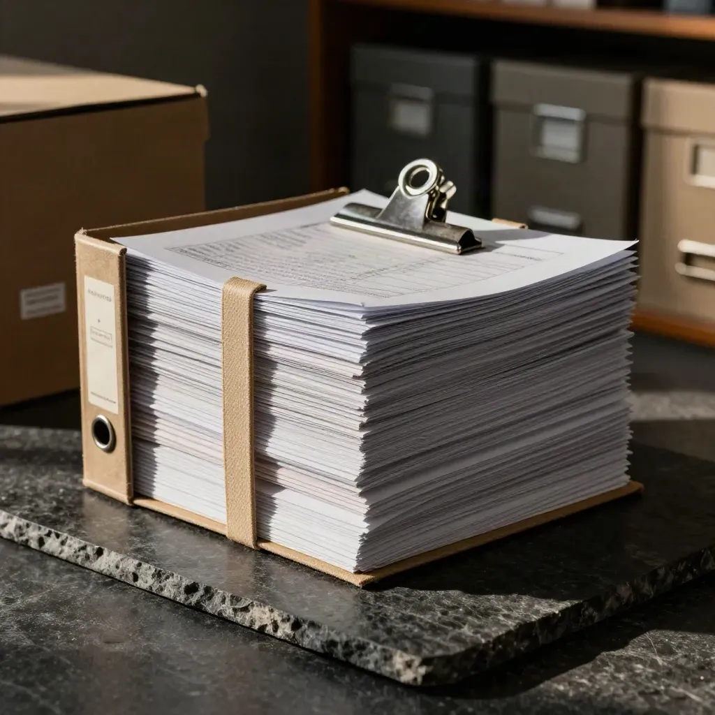 Archiefdossier met datumstempel en stalen clip op een donkere steenplaat, in dramatisch licht.