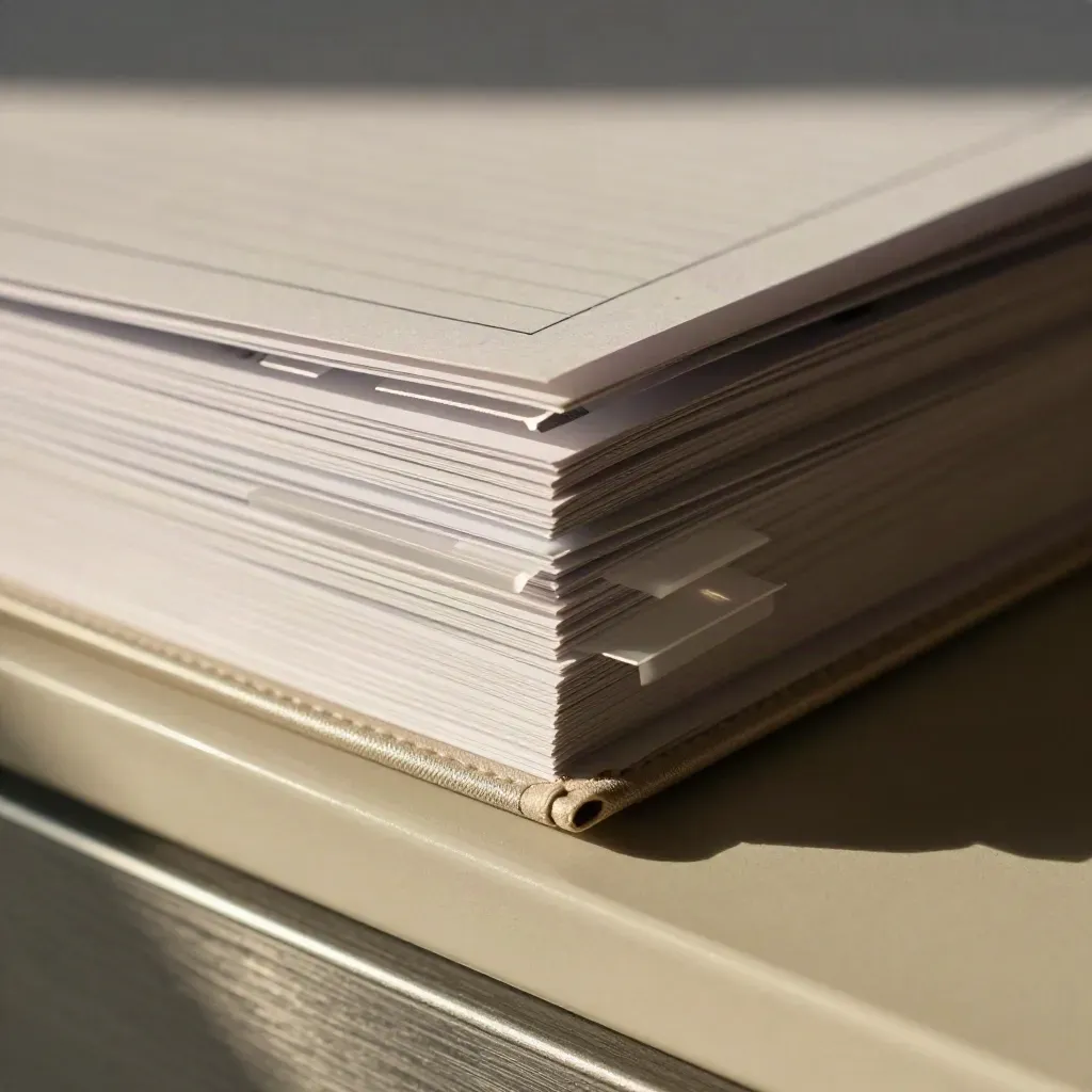 Close-up van een off-white ordnerhoek met checklistkaarten en transparante tabs op een archieflade.