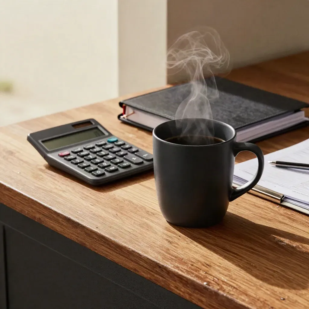 Zwart koffiekopje, calculator, gesloten kasboek en factuurklemmen op een houten toonbank in zacht daglicht