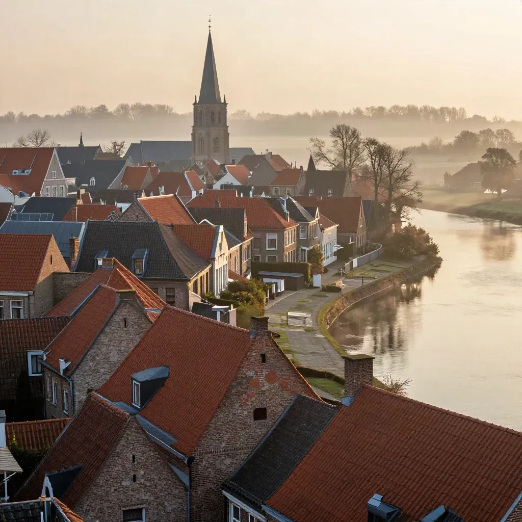 Luchtfoto van Noord-Brabant met bakstenen daken, kerktoren en riviermist bij zonsopkomst.
