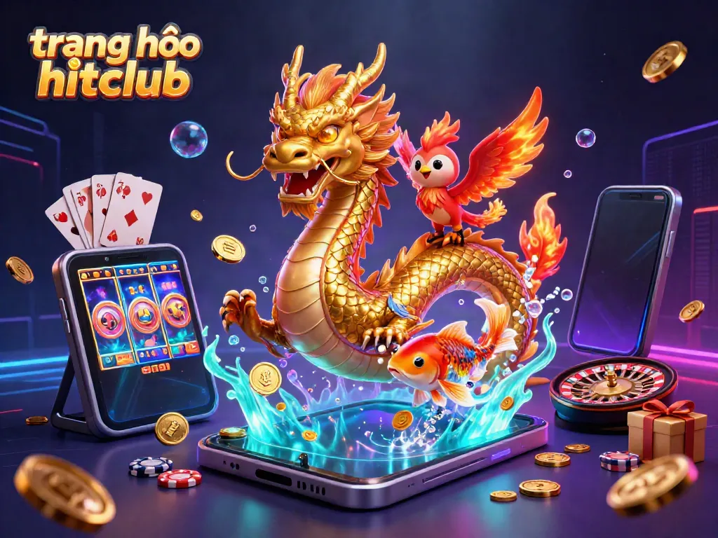 Experience thrilling games at trang chủ hitclub with a dynamic 3D casino illustration featuring a dragon, phoenix, and koi fish among gaming elements.
