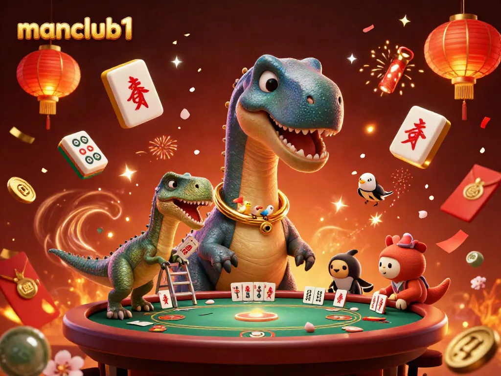 Experience thrilling action at manclub1 with a towering brontosaurus and a crafty raptor managing a poker table.