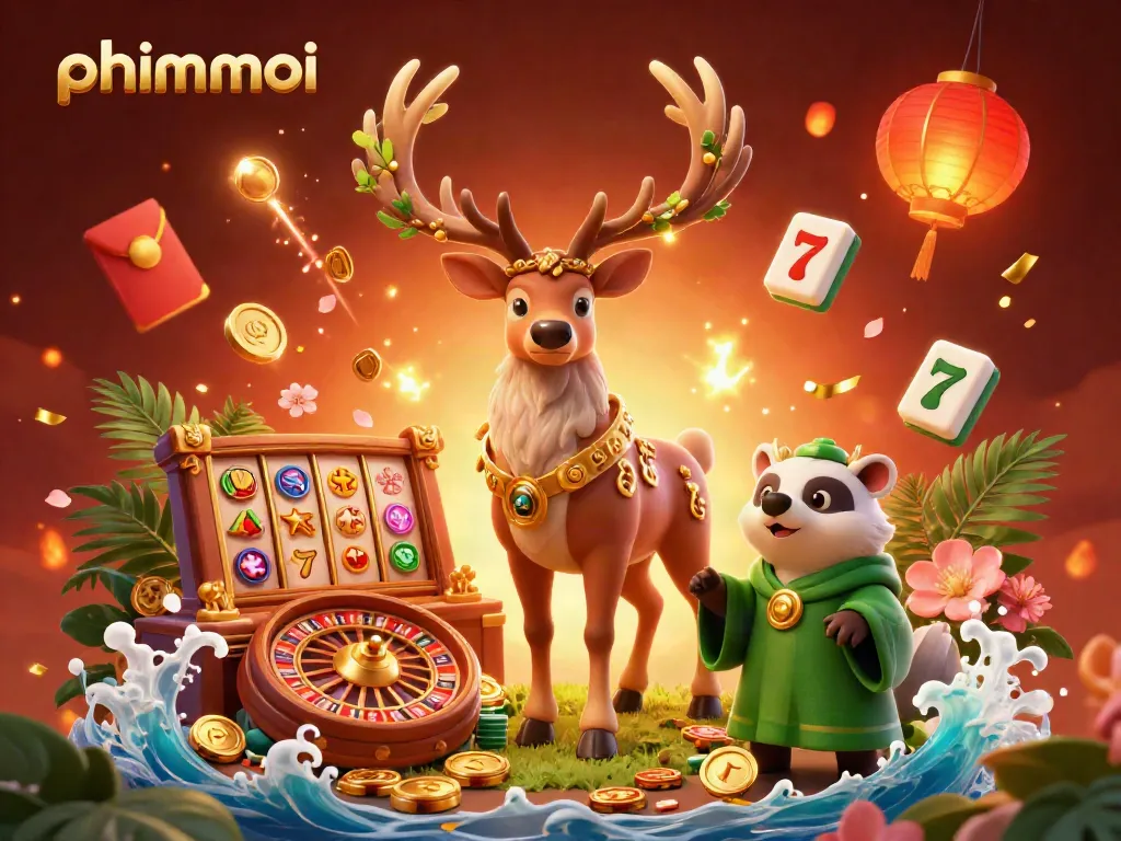 Experience thrilling gaming moments with phimmoi in this animated scene of a stag and badger amidst vibrant casino elements.