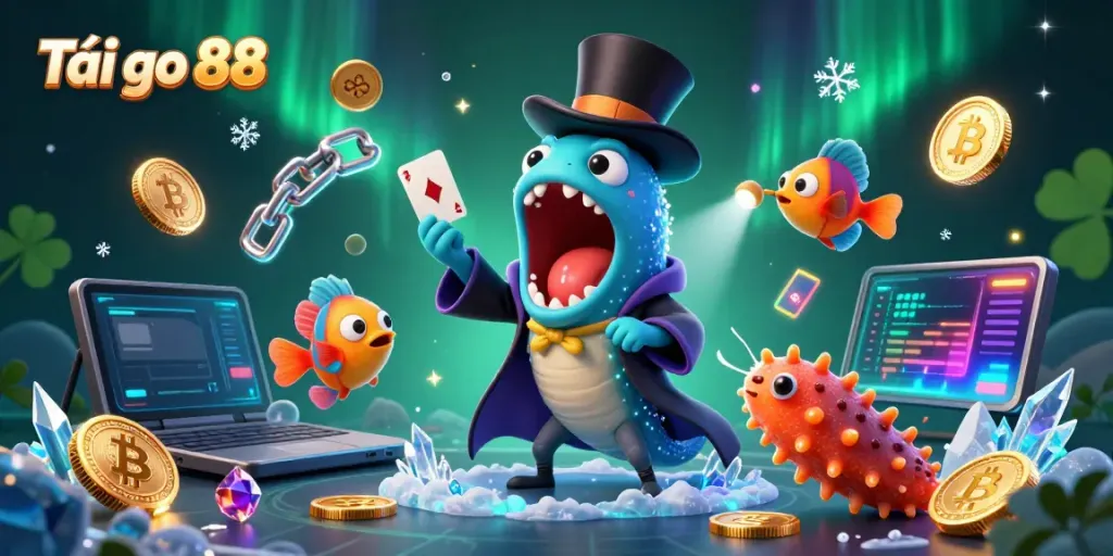 Tải go 88 with animated underwater characters performing card magic in a vibrant casino scene