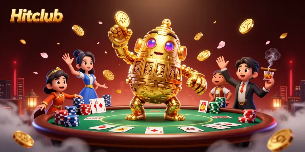 Hitclub characters play poker amidst vibrant gaming elements and a dynamic atmosphere.