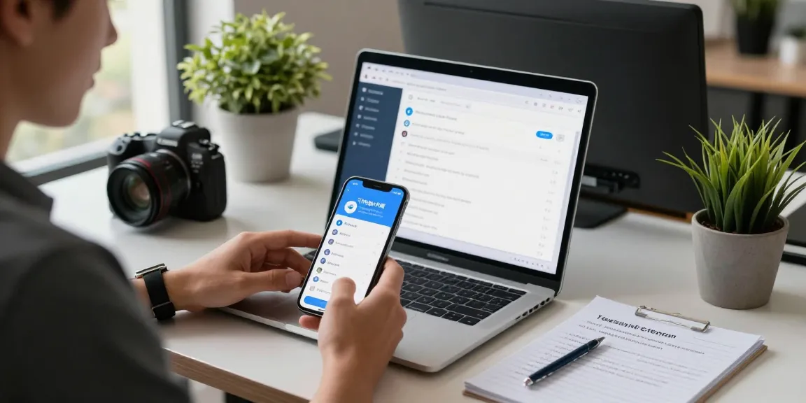 Young professional configuring Telegram Chinese Version settings on multiple devices in a modern workspace.