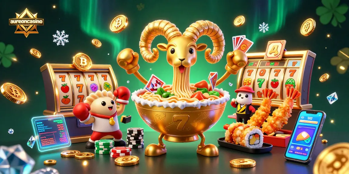 Aureoncasino energizes with a vibrant 3D casino scene featuring a ramen bowl dealer and slot machines.