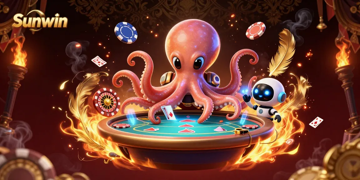 Experience the excitement of Sunwin as an alien octopus deals poker chips in a vibrant casino scene.